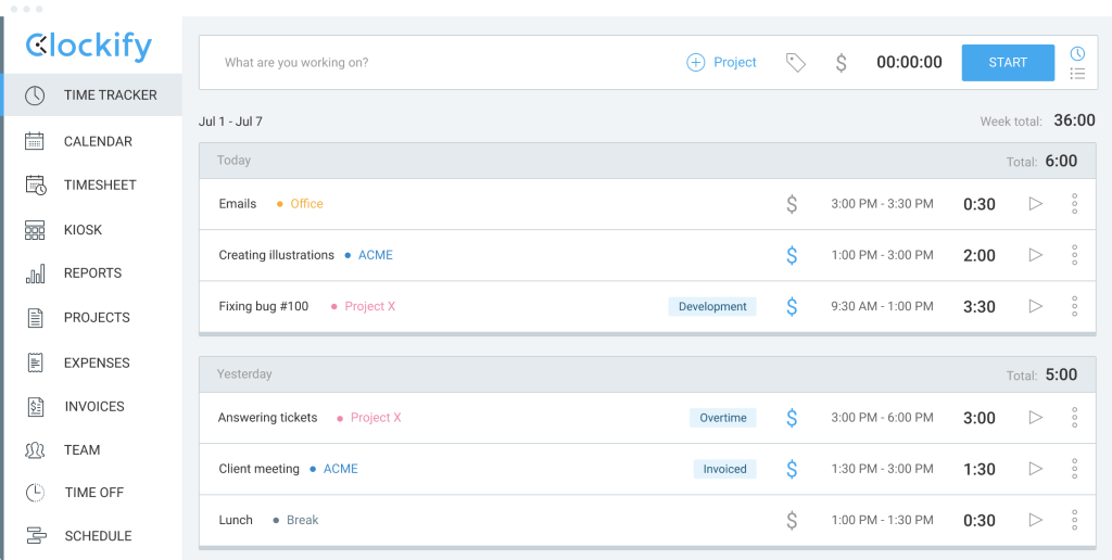 A screenshot of Clockify staff monitoring software